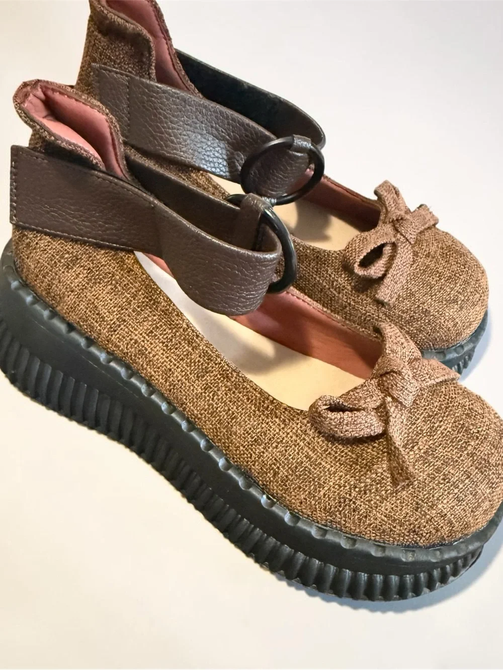 Textured Brown Bow Mary Jane Flats